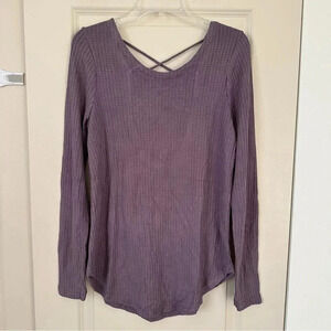 NWT Chaser M Thermal L/S V-Neck Criss Cross Open Back Shirttail‎ Tee Boho Purple